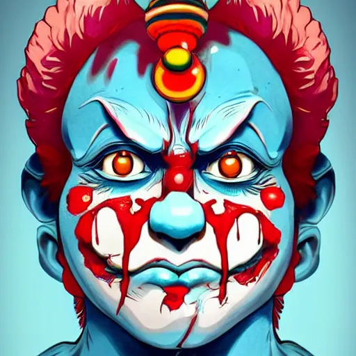 Image similar to 4K headshot of godlike clown with blue skin and defined arms and open hands and bloody clothes with giant mandala wings , intricate face , flawless anime cel animation by Kentaro Miura, psychedelic , highly detailed upper body , professionally post-processed , beautiful, scary, symmetry accurate features, epic, octane rendered, anime masterpiece, accurate