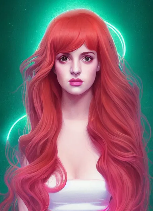 Image similar to full body portrait of teenage cheryl blossom, bangs, green eyes, sultry expression, red hair, sultry smirk, bangs and wavy hair, pink skirt, bangs, intricate, elegant, glowing lights, highly detailed, digital painting, artstation, concept art, smooth, sharp focus, illustration, art by wlop, mars ravelo and greg rutkowski