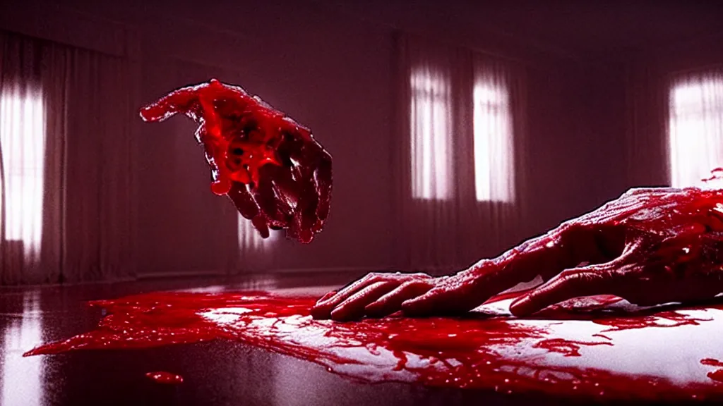 Image similar to a giant hand made of blood and ice floats through the living room, film still from the movie directed by Denis Villeneuve with art direction by Salvador Dalí, wide lens