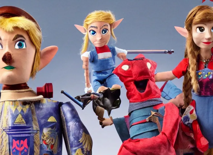 Image similar to still from a live - action tv show in the style of thunderbirds with marionette puppets, starring link and princess zelda and zelda monsters in hyrule or in dungeons. wooden puppets wearing clothing made of fabric. photographic ; realistic ; highly - detailed.