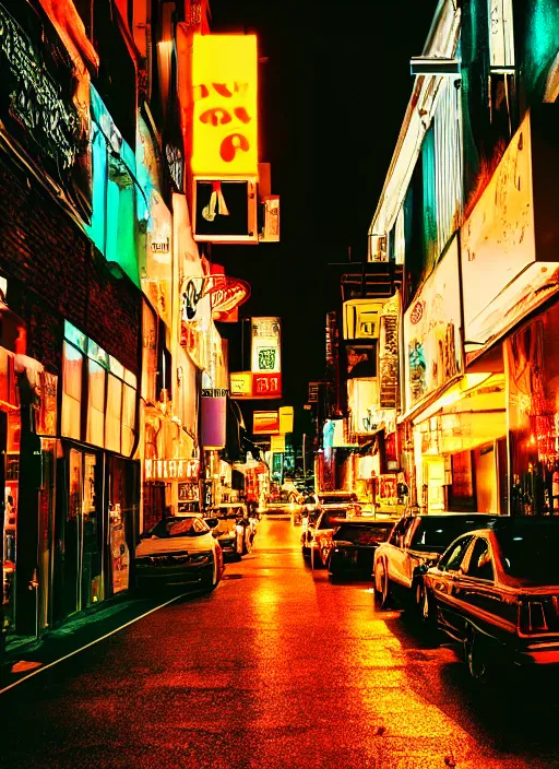 Prompt: night street, winding refn aesthetics