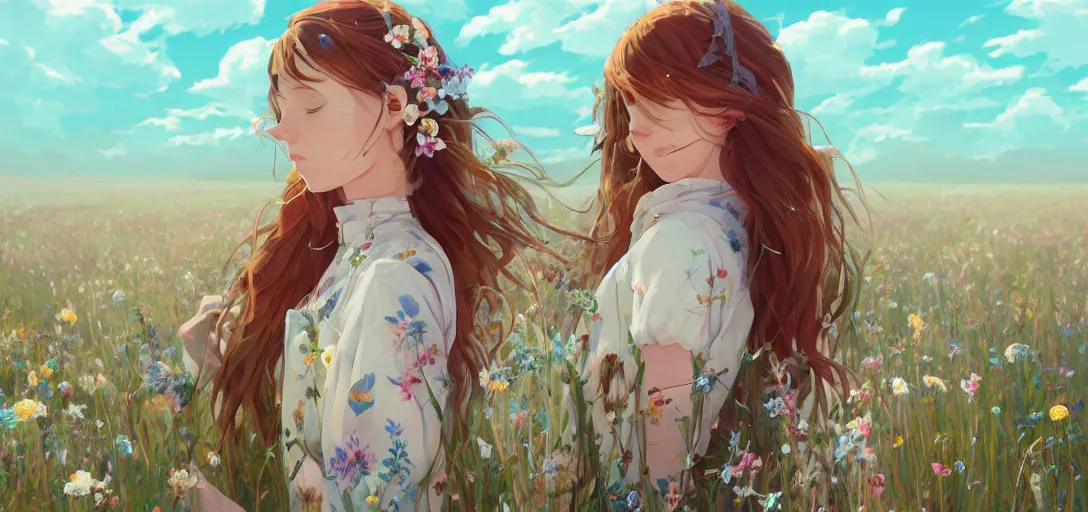 Image similar to a beautiful southern woman named Savannah, innocent, sad turquoise eyes, freckles, long ginger hair tied with white ribbon, relaxed in a field of flowers on a farm, gentle lighting, storm in the distance, somber, western clothing, dress, digital art by Makoto Shinkai ilya kuvshinov and Wojtek Fus, digital art, concept art,