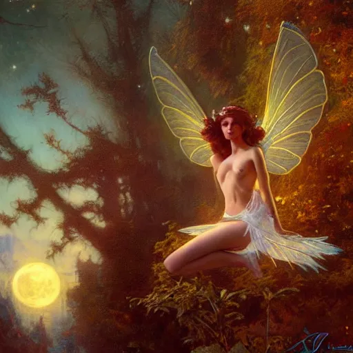 Image similar to attractive fairy magically floating high in the night, fantasy, full moon in background. highly detailed painting by gaston bussiere, craig mullins, j. c. leyendecker, mid shot, 8 k realistic, cryengine, frostbite 3 engine, sharp focus