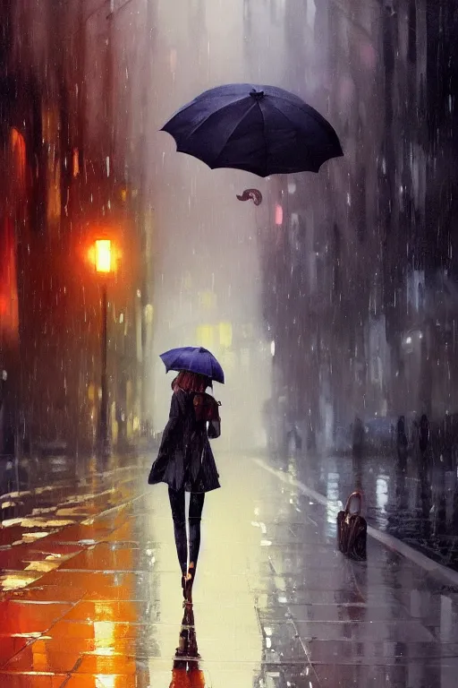 Image similar to A ultradetailed beautiful panting of a stylish girl with an umbrella, rainy day, Oil painting, by Ilya Kuvshinov, Greg Rutkowski and Makoto Shinkai