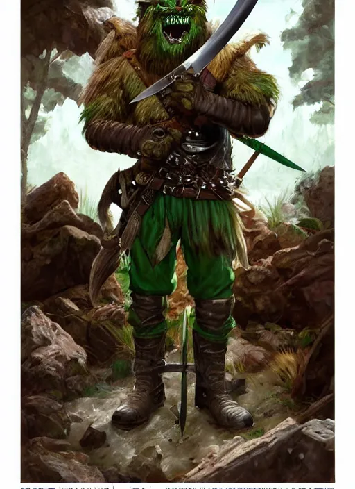 Image similar to strong young man, photorealistic bugbear ranger holding sword, fire magic, black beard, dungeons and dragons, pathfinder, roleplaying game art, hunters gear, jeweled ornate leather and steel armour, concept art, character design on white background, by norman rockwell, makoto shinkai, kim jung giu, artstation trending, poster art, colours red and green