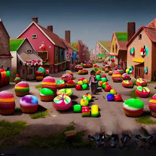 Image similar to Village made of sweets, 4k octane render, detailed art, artstation, streetview, CGSociety, deviantart