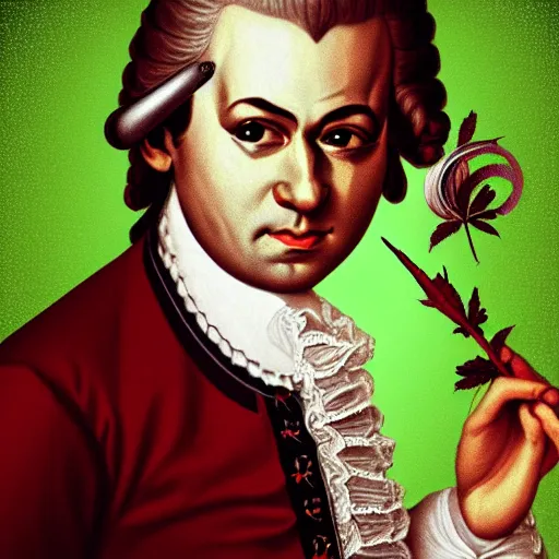 Image similar to Mozart with bloodshot eyes holding a weed joint in his hand, digital art