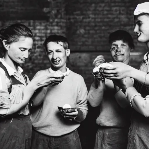 Prompt: factory workers enjoying an ice cream during work, dark, factory, grey tone, old photo grain