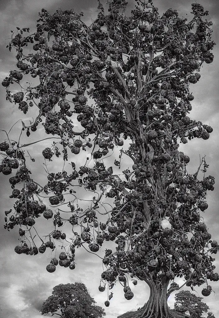 Prompt: fantasy tree growing on the top of a hill, black sky, with mozzarella and tomatoes hanging from the branches, very large basil leaves grow on the branches, twisted trunk, extremely detailed, lots of mozzarella balls hanging in tree, plenty mozzarella, a fire burning in the pizza oven in the background, masterpiece by john avon