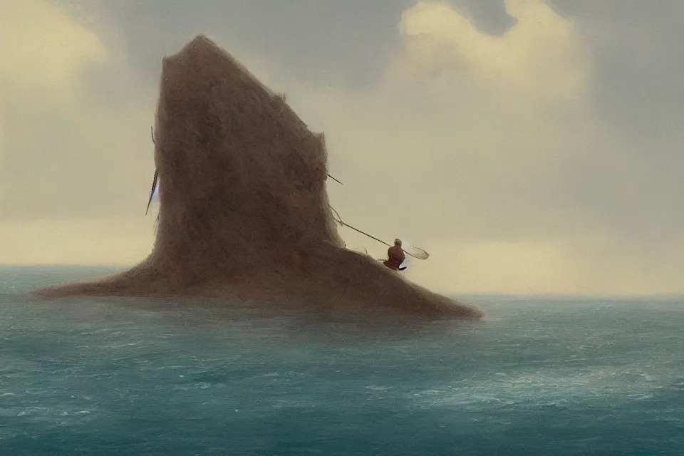 Prompt: lone fisherman rowing towards his giant seashell shaped fortress, in the style of john harris and moebius