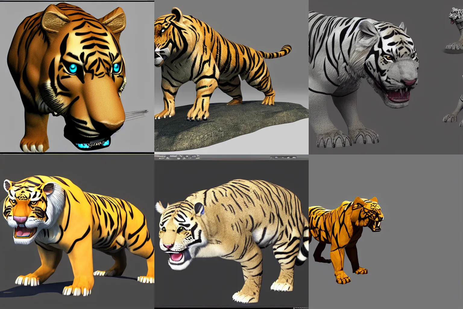 Prompt: 3D polygon model of a sabertooth tiger, no details, designed in blender and unreal engine V, metal fur