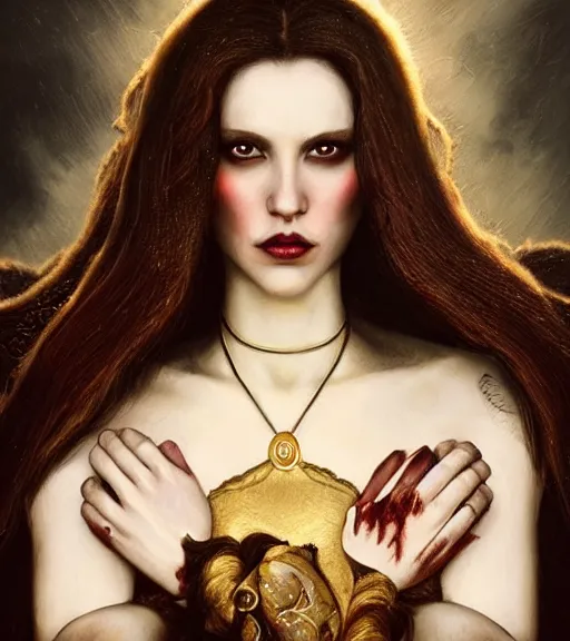 Image similar to majestic gracious!! regal aristocratic!! brunette female vampire portrait, atmospheric lighting, painted, menacing, intricate, volumetric lighting, beautiful, rich deep colours masterpiece, golden hour, sharp focus, ultra detailed, by leesha hannigan, ross tran, thierry doizon, kai carpenter, ignacio fernandez rios