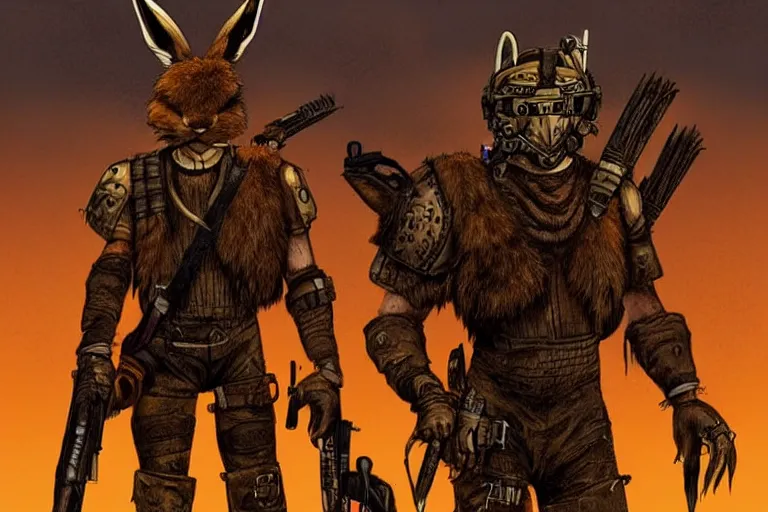 Image similar to a good ol'jackrabbit fursona ( from the furry fandom ), heavily armed and armored facing down armageddon in a dark and gritty version from the makers of mad max : fury road. witness me.