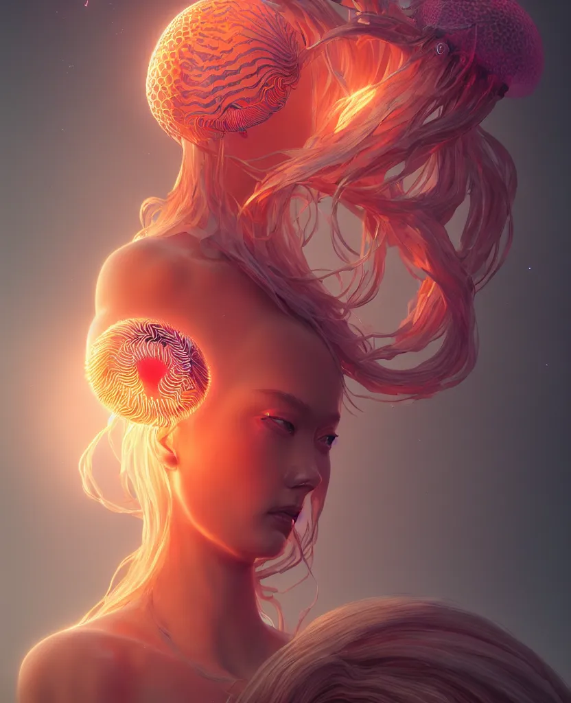 Image similar to goddess portrait. jellyfish phoenix head. intricate artwork by Tooth Wu and wlop and beeple. octane render, trending on artstation, greg rutkowski very coherent symmetrical artwork. cinematic, hyper realism, high detail, octane render, 8k