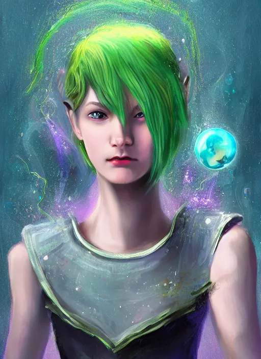 Image similar to Portrait of young female sorcerer, D&D fantasy, her hair is green and styled in a Bob Cut, magic particles fly from her hands, she has a distant expression, and is wearing a shirt and vest. A pixie with blonde hair floats above her shoulder. Intricate, highly detailed, digital painting, artstation, concept art, sharp focus, illustration, art by greg rutkowski and Ross Tran