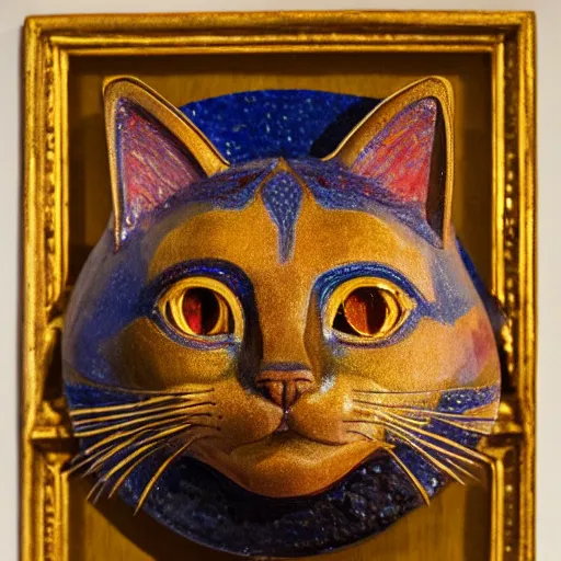 Image similar to cloisonne cat head sculpture, by annie swynnerton and diego rivera and nicholas roerich and jean delville, symbolist, dramatic lighting, god rays, art brut, rich colors, smooth, sharp focus, extremely detailed, adolf wolfli and ( donato giancola )