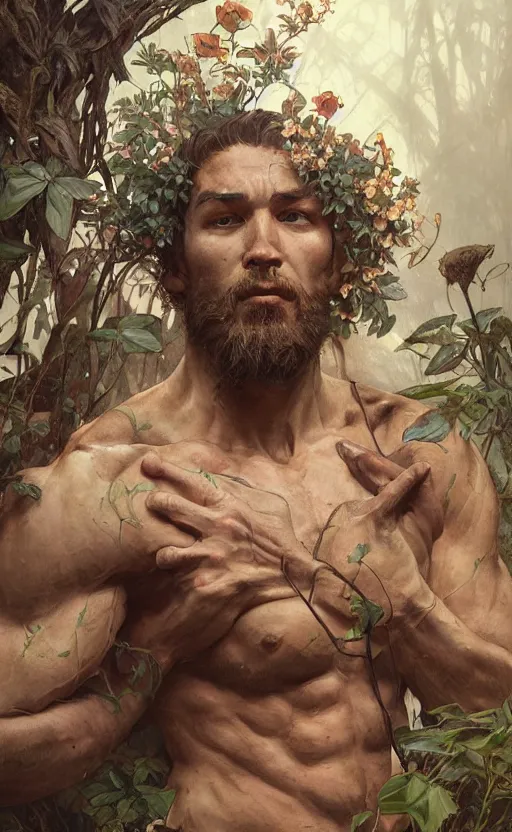 Image similar to god of the forest, rocksteady, rugged, handsome, male, detailed face, clean lines, atmospheric lighting, amazing, full body, thighs, flowers, muscular, intricate, highly detailed, digital painting, deviantart, concept art, sharp focus, illustration, art by greg rutkowski and alphonse mucha