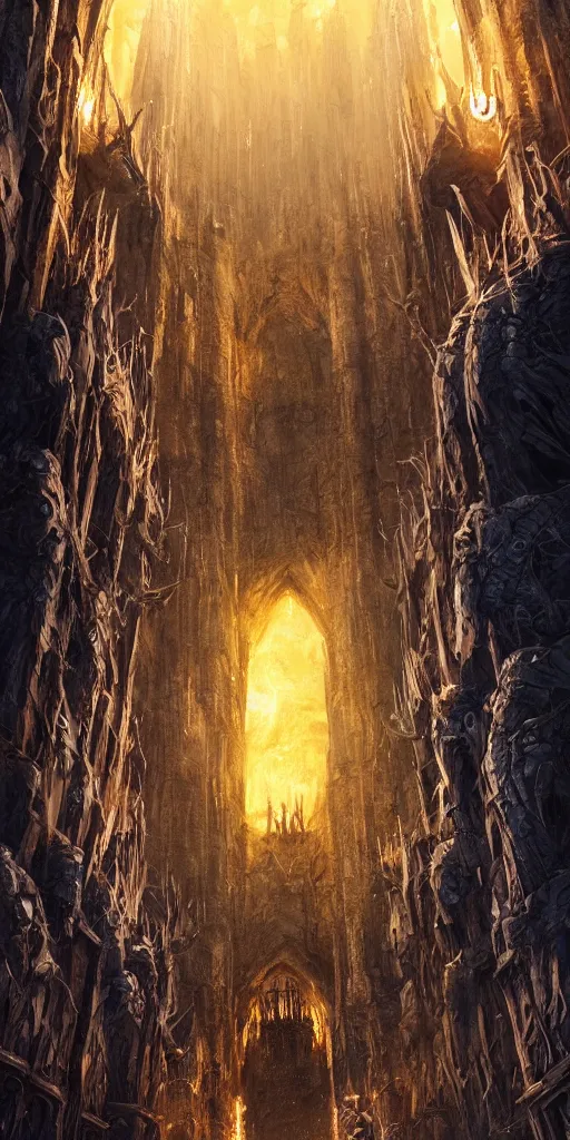 Image similar to symmetry!! mines of moria fiery demon surrounded by orcs, highly detailed, perfect lighting, perfect composition, 4 k, artgerm, derek zabrocki, greg rutkowski