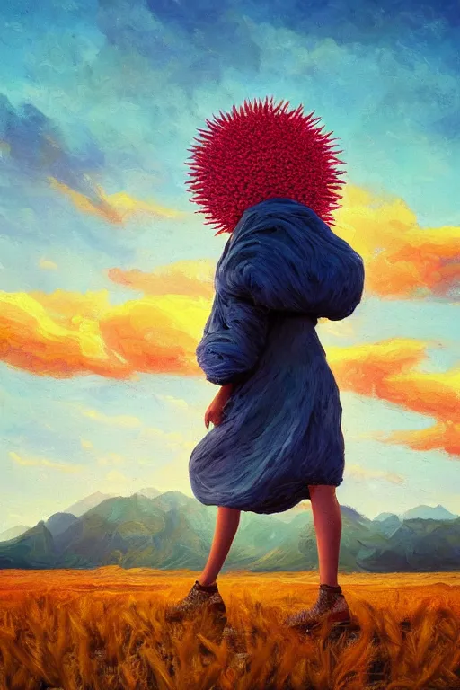 Image similar to giant corn flower head, girl walking in the desert, surreal photography, sunrise, dramatic light, impressionist painting, colorful clouds, digital painting, artstation, simon stalenhag