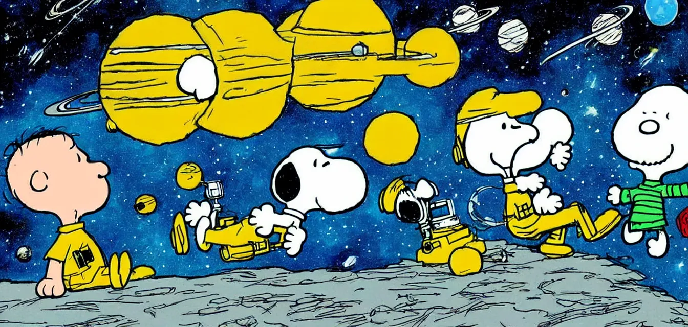 Prompt: calvin and snoopy in space exploring an alien planet, drawn by bill watterson and charles schulz, very detailed and cute and dreamy and playful