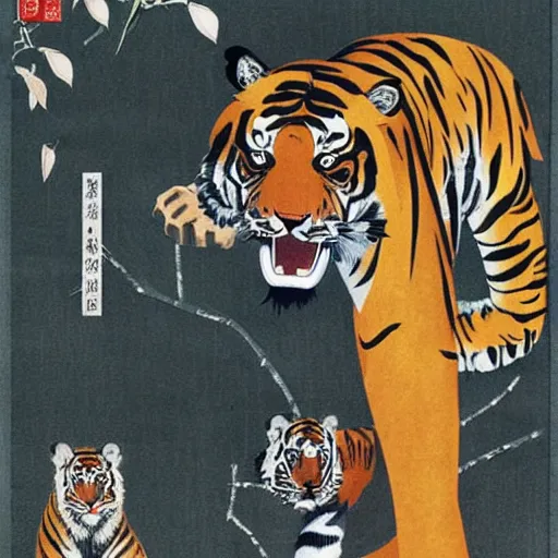 Image similar to a delorean protecting a tiger, japanese magazine collage, art by hsiao - ron cheng and utagawa kunisada