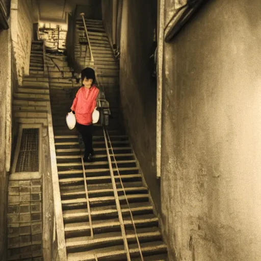 Prompt: a Chinese woman descends the stairs to the basement with a bowl of rice in her hands, view from the basement, cinematic, dark, 4k,