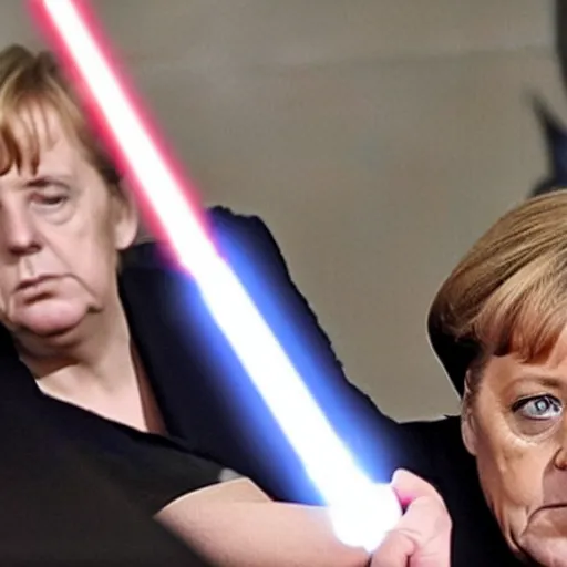 Prompt: angela merkel fighting with her lightsaber