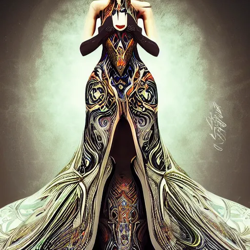 Image similar to a beautiful arabian woman wearing a futuristic dress by alexander mcqueen, artgerm, fashion show, futuristic, organic dress, seamless pattern, concept art, fantasy