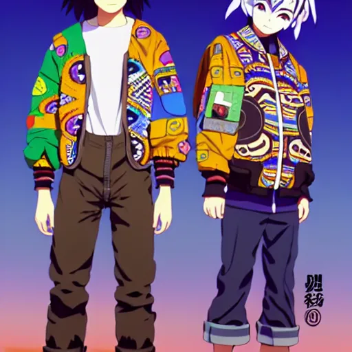 Image similar to majora majora's mask wearing oversized mayan bomber jacket with overalls, bulky poofy bomber jacket with mayan patterns, aztec street fashion, genshin impact art style, gapmoe yandere grimdark, trending on pixiv fanbox, painted by greg rutkowski makoto shinkai takashi takeuchi studio ghibli, akihiko yoshida