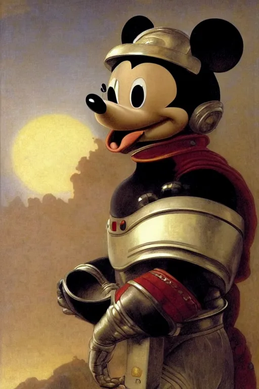 Image similar to portrait of a mickey mouse skull astronaut with chinese dragon armor and helmet, majestic, solemn, by bouguereau