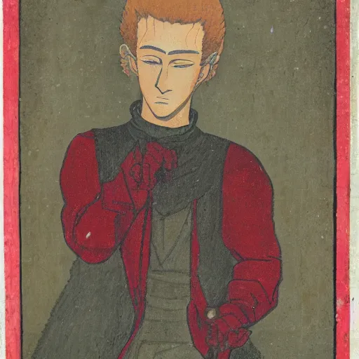Image similar to anime a portrait of man with hand growing from his head, holding a red crystal