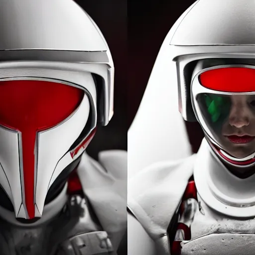 Image similar to headshot of a beautiful female soldier in glossy sleek primarily white armor with tiny red details and a long red cape, looking up at camera, determined expression, no helmet, on the surface of mars, night time, cinematic, sci-fi, hyperrealistic