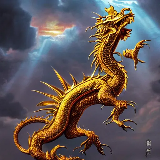 Image similar to Golden chinese dragon with black eyes flying among dark clouds, sunrays, high contrast, stephen Hickman and marc simonetti