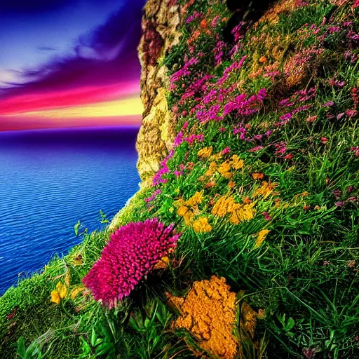 Image similar to flower on the edge of a cliff, cliff edge, colorful flower, sunset, beautiful colors, color palette, concept art, high detail, dramatic angle