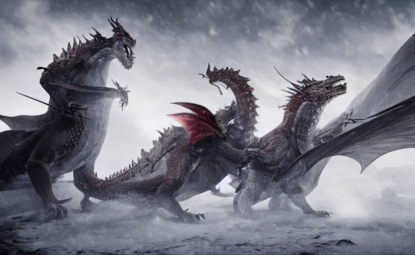 Prompt: Two dragons fighting over the great wall in the snowstorm, doomy, Unreal Engine, cinematic photography, high resolution