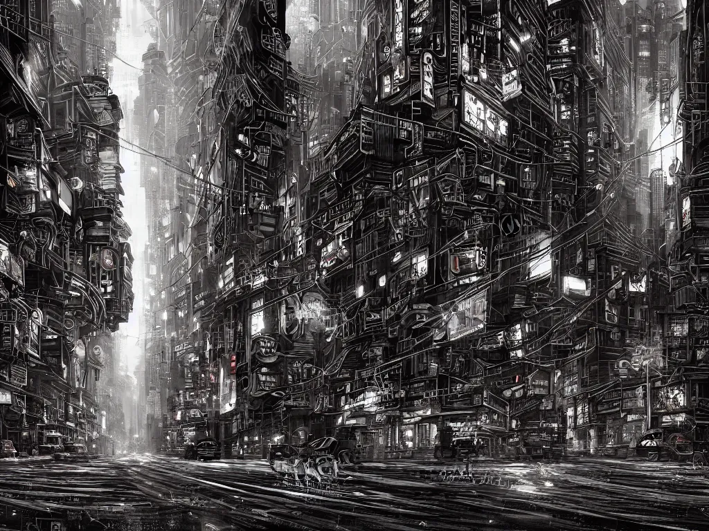 Prompt: rushing and flowing heart of the city, gritty, smooth, fine detail, intricate, cyberpunk style, by hugh ferris and john smith