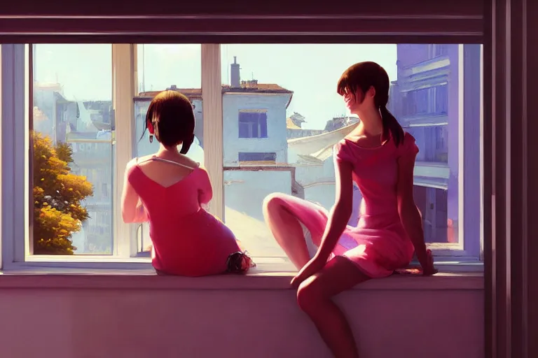 Prompt: A ultradetailed beautiful panting of a stylish woman sitting next to a window of a moders apartment, Oil painting, by Ilya Kuvshinov, Greg Rutkowski and Makoto Shinkai