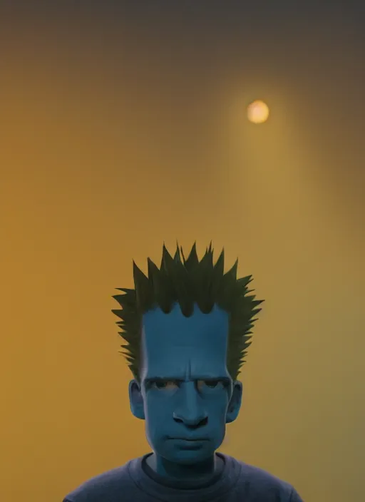 Image similar to bart simpson in real life, face centered portrait of bart simpson, confident, fog, rain, volumetric lighting, beautiful, golden hour, sharp focus, ultra detailed, cgsociety by leesha hannigan, ross tran, thierry doizon, kai carpenter, ignacio fernandez rios, noir art house, 4 k, 3 5 mm, fujifilm