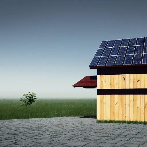 Image similar to two buildings next to a pile of wood and some solar panels floating on the roof, octane render