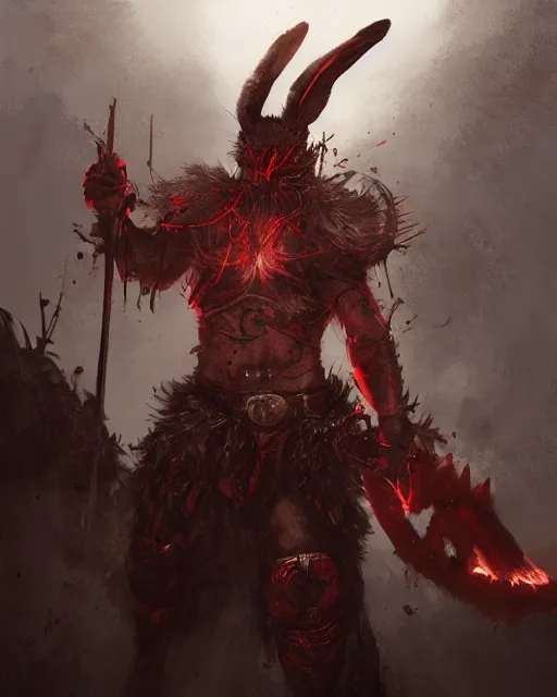 Image similar to Rabbit Berserker, rage, maniac, war paint, red, Khorne, magic the gathering artwork, D&D, fantasy, cinematic lighting, centered, symmetrical, highly detailed, digital painting, artstation, concept art, smooth, sharp focus, illustration, volumetric lighting, epic Composition, 8k, art by Akihiko Yoshida and Greg Rutkowski and Craig Mullins, oil painting, cgsociety