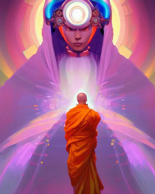 Image similar to a robot monk wearing a flowing cloak, vaporwave aesthetic, colorful, psychedelic, digital painting, artstation, concept art, smooth, sharp focus, illustration, art by artgerm and greg rutkowski and alphonse mucha