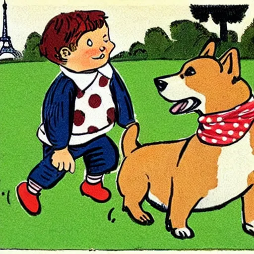 Prompt: illustration of french boy on the streets of paris playing football against a corgi, the dog is wearing a polka dot scarf, comic, 1 9 6 2