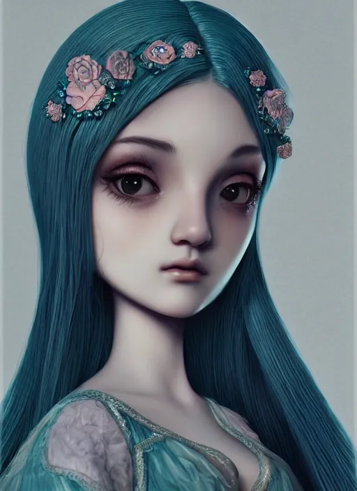 Image similar to closeup portrait a beautiful woman, moebius : 1 0, mark ryden : 5, popovy sisters : 1 0, intricate, hyperdetailed, bjd, trending on artstation : 3