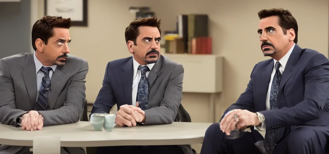 Image similar to a very high resolution image of tony stark with micheal scott. from an episode of the office. photorealistic, photography