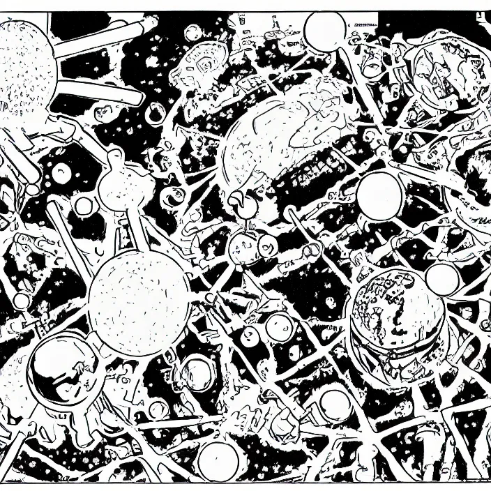 Image similar to a still frame from comic strip atlas molecule scientific weird 1 9 9 0, new yorker illustration, monochrome contrast bw, lineart, manga