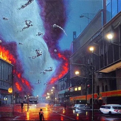 Prompt: hyperrealistic oil painting of the aliens invading earth at the rainy day all the people are running the street are ruined the buildings are on fire and the aliens are shooting laser guns 3 d