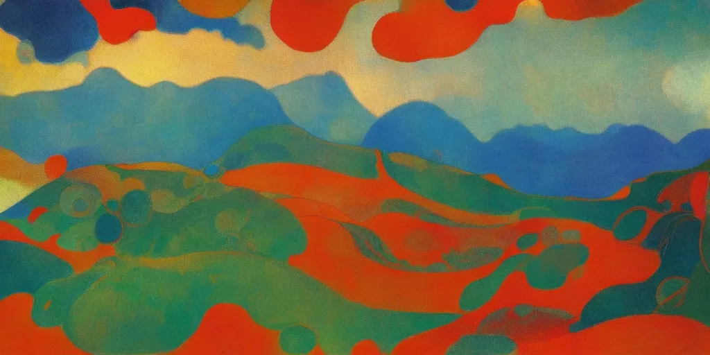 Prompt: An insane, modernist landscape painting. Wild energy patterns rippling in all directions. Curves, organic, zig-zags. Mountains, clouds. Rushing water. Waves. Psychedelic dream world. Odilon Redon. Alex Katz.