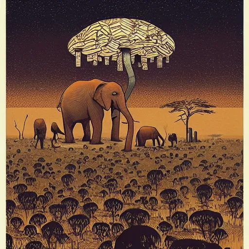 Image similar to “safari on a surreal martian like world, strange unknown tall elephant like creatures roaming the barren plains, woodblock, black fine lines on warm brown, by victo ngai, by stanley donwoood”