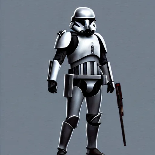 Image similar to full body shot of an imperial stormtrooper in battle position ready to shoot his blaster concept art by Doug Chiang cinematic, realistic painting, high definition, very detailed, extremely high detail, photo realistic, concept art, the Mandalorian concept art style