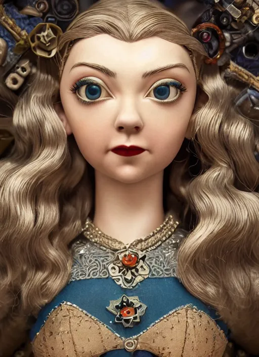 Image similar to closeup of a tin toy natalie dormer, depth of field, zeiss lens, detailed, symmetrical, centered, fashion photoshoot, by nicoletta ceccoli, mark ryden, lostfish, earl nore, hyung tae, frank frazetta, breathtaking, 8 k resolution, extremely detailed, beautiful, establishing shot, artistic, hyperrealistic, octane render
